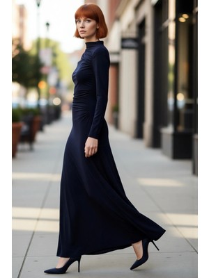 PayBuy Kadın Lacivert Bodycon Dik Yaka Uzun Kollu Büzgülü Maxi Elbise Modern Şık Esnek Örme Tasarım