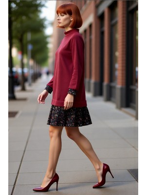 PayBuy Kadın Selanik Örme Dik Yaka Uzun Kol Shift Kalıp Mini Elbise Çiçek Desenli Günlük Şıklık Kaliteli