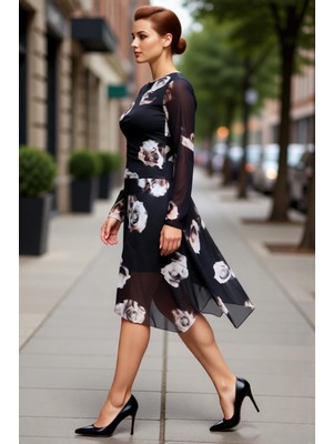 PayBuy Kadın Asimetrik Kesim Örme Tül Ekose Desenli Midi Boy Uzun Kollu Elbise Günlük Şıklık Sunar