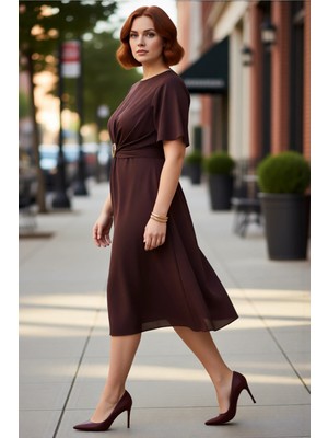 PayBuy Kadınlar Için A Kesim Düz Kahverengi Midi Boy Aksesuar Detaylı Büyük Beden Dokuma Elbise Kaliteli