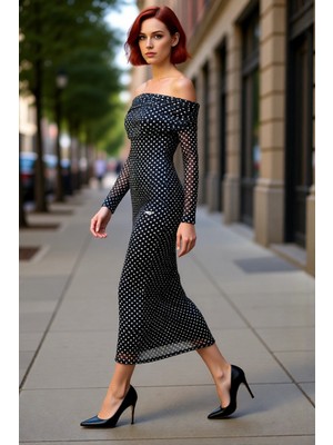 PayBuy Kadın Balık Kesim Puantiyeli Carmen Yaka Maxi Boy Astarlı Elbise Şık Gece Davetleri Için Ideal.