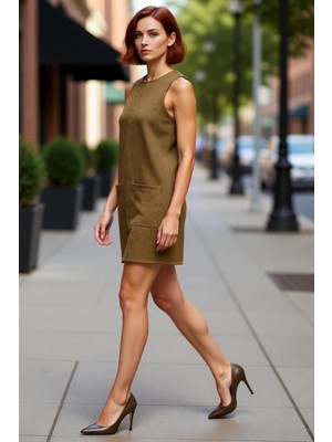 PayBuy Kadınlar Için Haki Düz Cep Detaylı Kolsuz Mini Shift Elbise Casual Günlük Şıklığı Tamamlar