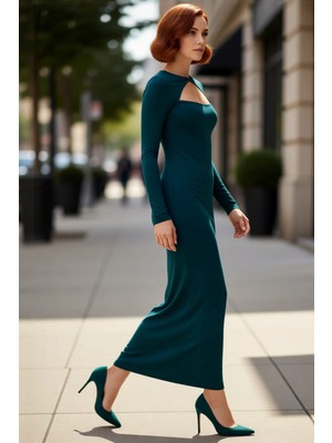 PayBuy Kadın Bodycon Kesim Uzun Kollu Maxi Elbise Cut Out Detaylı Şık Gece Kokteyl Kıyafeti Kaliteli