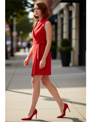 PayBuy Kadın Kruvaze Yaka Kolsuz Mini Elbise Ofis ve Özel Davetler Için Şık Dokuma Tasarım Kaliteli