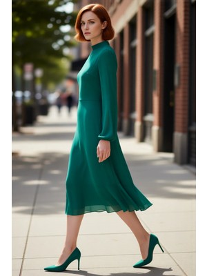 PayBuy Kadın Şık A Kesim Uzun Balon Kollu Dik Yaka Midi Boy Şifon Dokuma Astarlı Düz Elbise Kaliteli