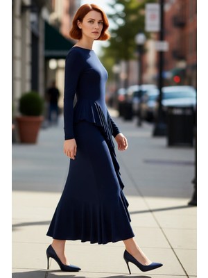 PayBuy Kadınlar Için Bodycon Kesim Kayık Yaka Uzun Kollu Volanlı Maxi Şık Gece Elbisesi Özel Davetlere