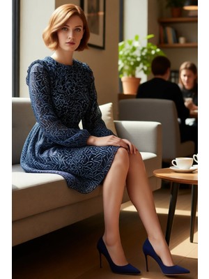 FRM Kadın Zarif Mavi Çiçekli Fırfırlı Uzun Kollu Şifon Skater Mini Elbise Seçeneği Kaliteli Şık