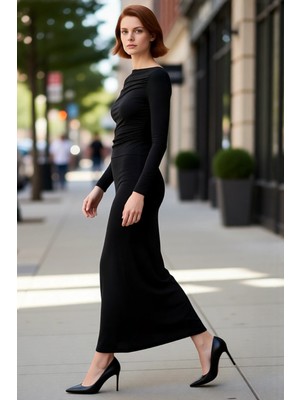 PayBuy Kadın Kayık Yaka Bodycon Uzun Kollu Midi Elbise Büzgü Detaylı Örme Kumaş Tüm Sezonlar Için Şık