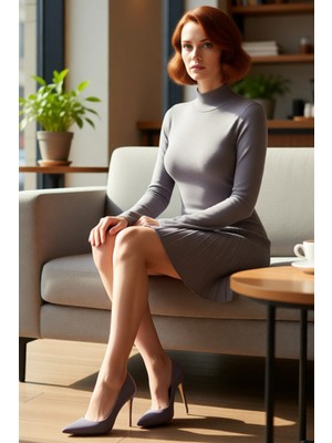 FRM Kadın Dik Yaka Skater Elbise Uzun Standart Kollu Ince Triko Kışlık Zarafet Konforlu Kombin Stili