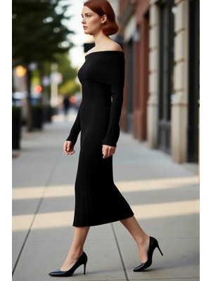 PayBuy Kadın Carmen Yaka Uzun Kollu Midi Boy Düz Shift Kalıp Triko Elbise Ilkbahar Sonbahar Şıklığı