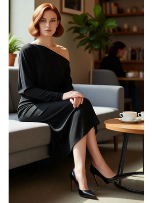 FRM Kadın Şık Midi Bodycon Elbise Asimetrik Yaka Uzun Düşük Kol Düz Desen Yırtmaç Detaylı Örme Kışlık
