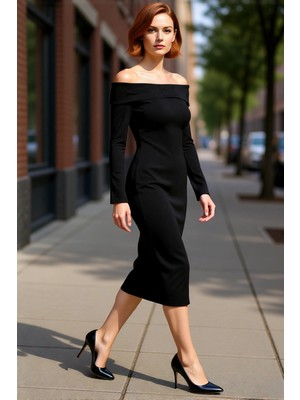 PayBuy Kadın Bordo Bodycon Kalıp Carmen Yaka Uzun Kollu Örme Midi Elbise Şık Gündüz Gece Kombinleri Için