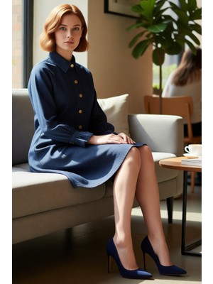 FRM Kadın Düz Desen Rigid Kumaş Uzun Büzgülü Kol %100 Pamuk Gömlek Yaka Casual Denim Elbise Kaliteli