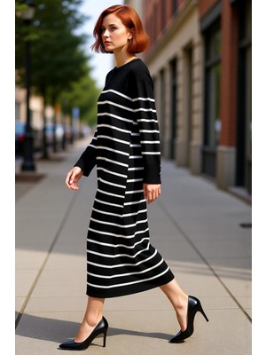 PayBuy Kadınlar Için Siyah Çizgili Bisiklet Yaka Düşük Kol Düğme Detaylı Triko Maxi Elbise Kış Kombinleri