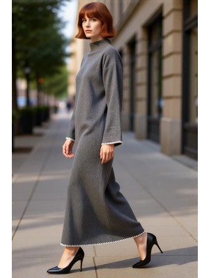 PayBuy Kadın Düz Desen Dik Yaka Uzun Düşük Kol Maxi Boy Shift Kalıp Akrilik Triko Elbise Günlük Şıklık