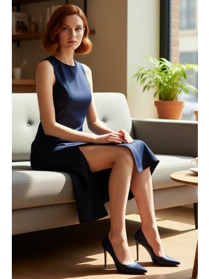 FRM Kadın Bodycon Kalıp Kolsuz Midi Elbise Denim Kumaş Yırtmaçlı Bisiklet Yaka Ilkbahar Sonbahar Giysisi