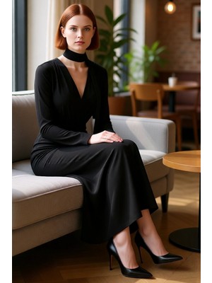 FRM Kadın Düz Desen V Yaka Uzun Kollu Bodycon Maxi Elbise Kuşak Detaylı Kış Şık Davetler Için Kaliteli