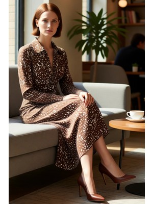 FRM Kadın Polo Yaka Baskılı Uzun Kollu Maxi Elbise A Line Örme Büzgü Detaylı Casual Şıklık Kaliteli