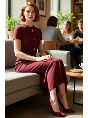 FRM Kadın Bodycon Kalıp Bisiklet Yaka Kısa Kollu Aksesuar Detaylı Ottoman Örme Midi Boy Elbise Rahatlık