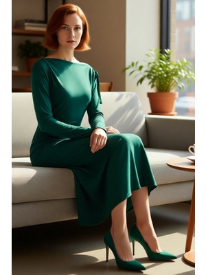 FRM Kadınlar Için Şık ve Zarif Gece Elbisesi Midi Boy Uzun Kollu Düşük Omuz Asimetrik Yaka Bağlama