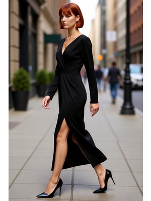 PayBuy Kadın Uzun Kollu Kruvaze Yaka Bodycon Drape Detaylı Örme Sandy Dokuma Maxi Abiye Elbise Kaliteli