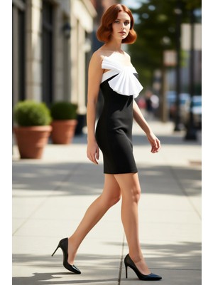 PayBuy Kadın Straplez Fiyonklu Renk Bloklu Bodycon Dokuma Mini Elbise Şık Yazlık Kokteyl Davet Elbisesi