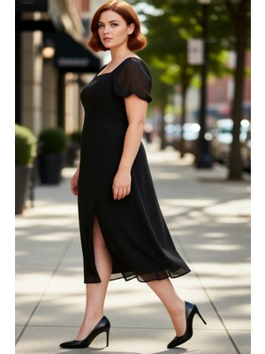 PayBuy Kadınlar Için A Line Kare Yaka Midi Boy Balon Kol Astarlı Şık Dokuma Yırtmaçlı Büyük Beden Elbise