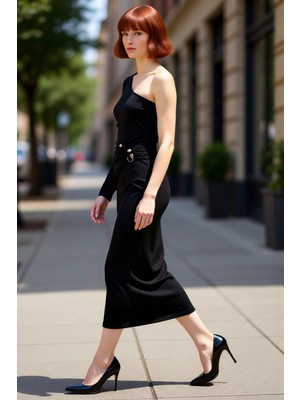 PayBuy Kadın Tek Omuz Bodycon Örme Maxi Elbise Asimetrik Yaka Uzun Kol Aksesuar Detaylı Astarlı Kışlık
