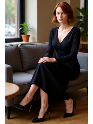 FRM Kadın Siyah Düz Kruvaze Yaka Uzun Kollu Maxi Triko Elbise Günlük Kullanıma Uygun Shift Kalıp