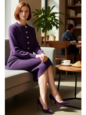 FRM Kadın Düz Desen Midi Boy Triko Hırkalı Elbise Takımı Konforlu Şık Uzun Kollu Stil Kaliteli