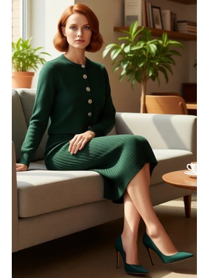 FRM Kadın Düz Desen Midi Boy Triko Hırkalı Elbise Takımı Konforlu Şık Uzun Kollu Stil Kaliteli