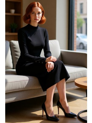 FRM Kadın Düğmeli Dik Yaka Uzun Kollu Midi Elbise Bodycon Kalıbıyla Vücuda Oturan Örme Dokusu Kaliteli