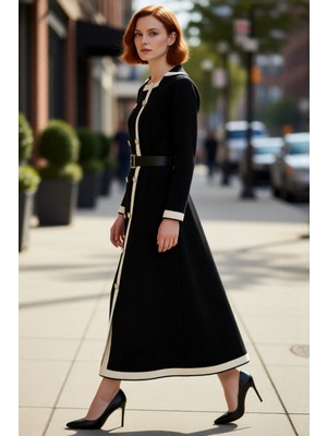 PayBuy Kadın Ekru Kemerli Ceket Yaka Düz Uzun Kollu Triko Maxi Elbise Akrilik Kış Koleksiyonu Şıklığı