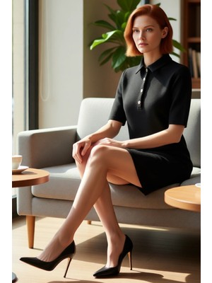 FRM Kadın Kısa Kollu Polo Yaka Shift Kesim Tüvit Dokulu Günlük Şık Mini Elbise Modern Tasarım Seçeneği