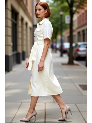 PayBuy Kadınlar Için Gömlek Yaka Kemerli Maxi Boy %100 Pamuklu Denim Rahat Günlük Astarsız Elbise