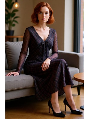 FRM Kadın Bağlama Detaylı Ekose Desenli Maxi Elbise Bodycon V Yaka Uzun Kollu Tül Örme Kışlık Stil