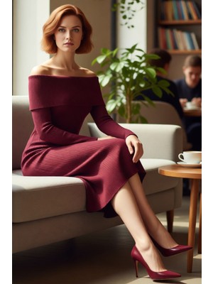 FRM Kadın Düz Desen Midi Boy Triko Carmen Yaka Uzun Kollu Shift Kalıp Zarif Elbiseleri Kaliteli