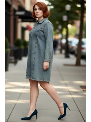 PayBuy Kadınlar Için Mavi Denim Shift Kalıp Gömlek Yaka %100 Pamuk Uzun Kollu Mini Elbise Kaliteli