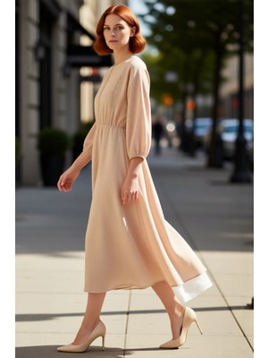 PayBuy Kadın Skater Midi Balon Kol Dantel Detaylı %100 Pamuk Müslin Elbise Günlük Şıklık Için Ideal