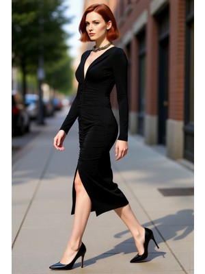 PayBuy Kadın Vücuda Oturan Uzun Kollu Düz Drapeli Midi Örme Elbise Şık Gündüz Gece Kombinleri Için Ideal