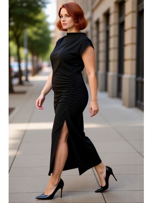 PayBuy Kadın Bodycon Kesim Dik Yaka Düşük Kol Midi Boy Düz Örme Elbise Ilkbahar Sonbahar Şıklığı Kaliteli