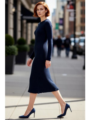 PayBuy Kadınlar Için Akrilik Triko Midi Elbise Bisiklet Yaka Uzun Kollu Düz Desen Günlük Şık Tasarım