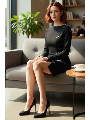 FRM Kadın Fiyonk Detaylı Siyah Uzun Kollu Modern Bodycone Mini Elbise Viskon Karışımlı Örme Kumaş