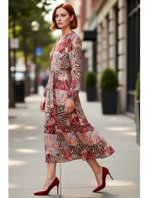 PayBuy Kadın Çok Renkli Etnik Şal Desenli Midi Dokuma Elbise V Yaka Kuşaklı A Kesim Astarlı Uzun Kollu