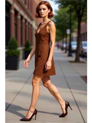 PayBuy Kadın Bej Bodycon Kalıp V Yaka Jile Süet Mini Elbise Kışlık Şık ve Konforlu Tasarım Kaliteli