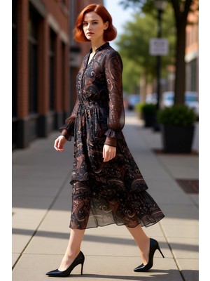 PayBuy Kadın Şal Desenli Midi Şifon Skater Elbise Balon Uzun Kollu Anahtar Deliği Yakalı Astarlı Kışlık