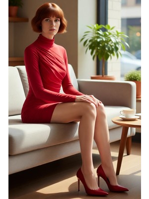 FRM Kadın Kırmızı Polyester Karışımlı Uzun Kollu Örme Mini Elbise Dik Yaka Stiliyle Kış Şıklığı