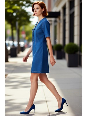 PayBuy Kadın A Line Denim Mini Elbise Kuşgözü Bağlama Detaylı Kısa Kol %100 Pamuk Günlük Şıklık Kaliteli