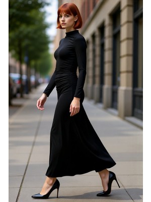 PayBuy Kadın Lacivert Bodycon Dik Yaka Uzun Kollu Büzgülü Maxi Elbise Modern Şık Esnek Örme Tasarım