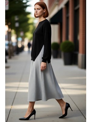 PayBuy Kadın Siyah Üst Triko Garnili Çizgili Pamuklu Midi Elbise Rahat Şık Günlük Stile Uygun Kaliteli